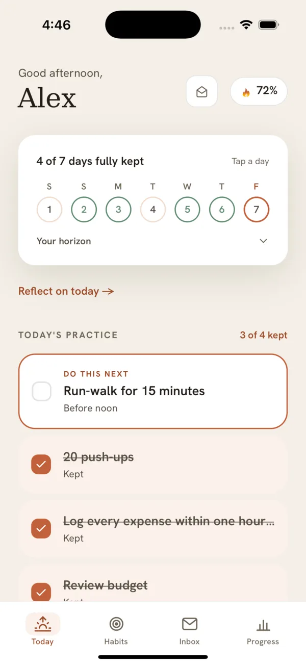 Future Self home dashboard showing a seven-day practice horizon and today's next habit