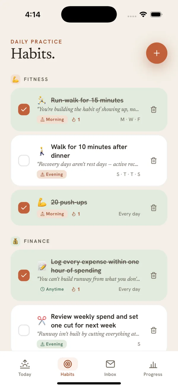 Future Self habits page organizing daily practices across fitness and finance