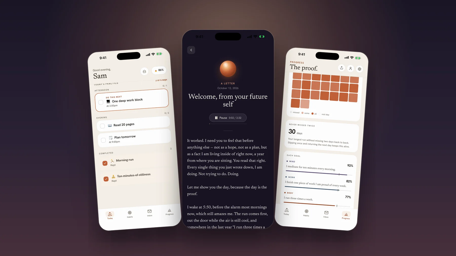 Future Self app showing daily habit check-offs, a personal letter from your future self, and goal progress