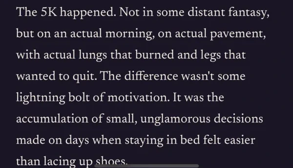Second half of a letter in the app, reflecting on the small daily choices that led to running a 5K